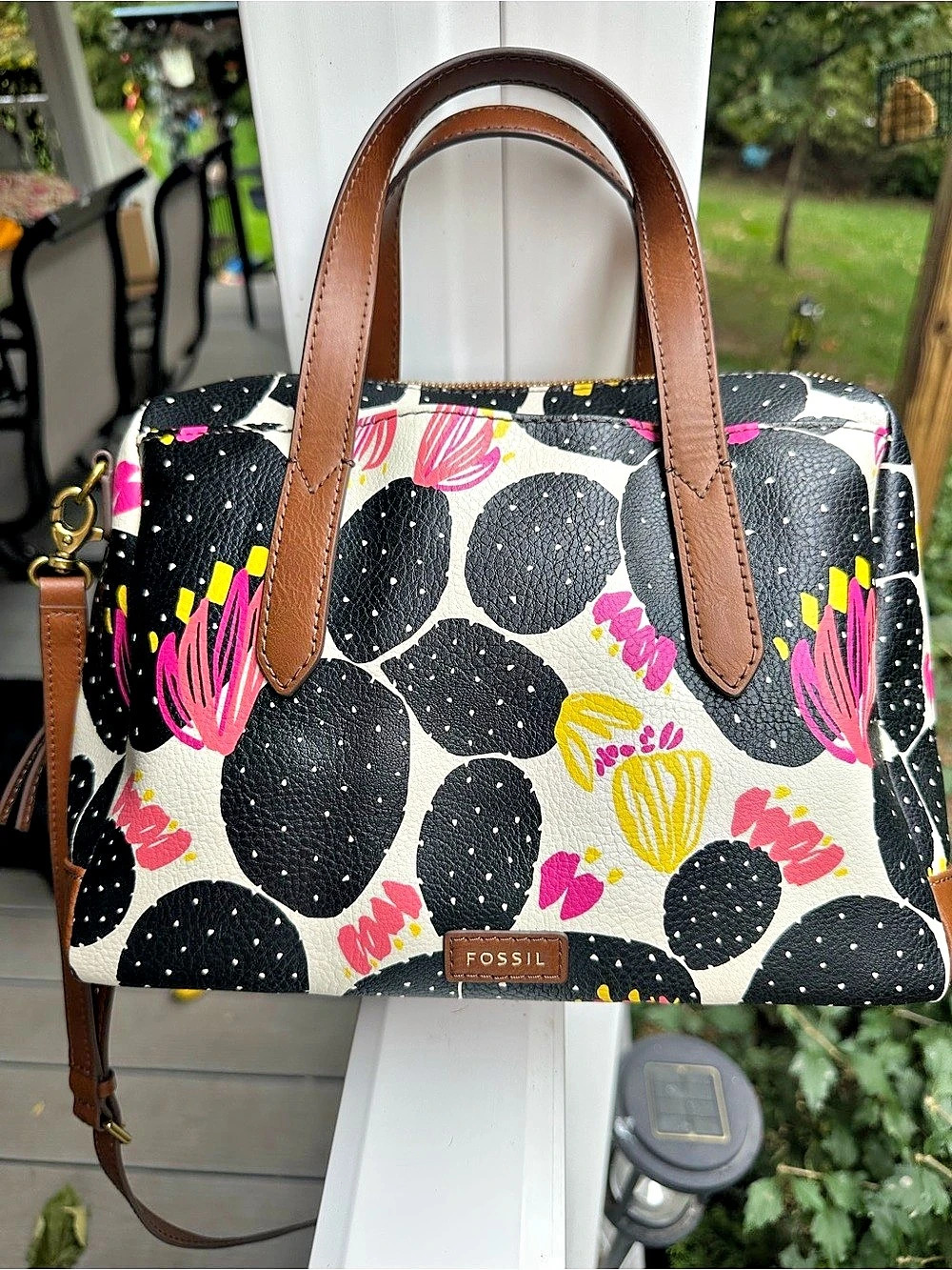 Fossil Rachel Satchel Cactus Print Black & Brown